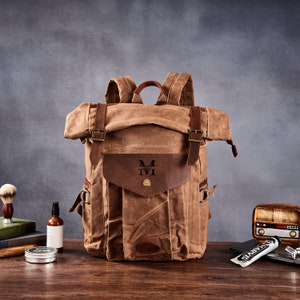 Waterproof Travel Backpack Crazy Horse Leather and Canvas Backpack Waxed Canvas Rucksack Unisex Backpack Handmade Large Capacity Backpack