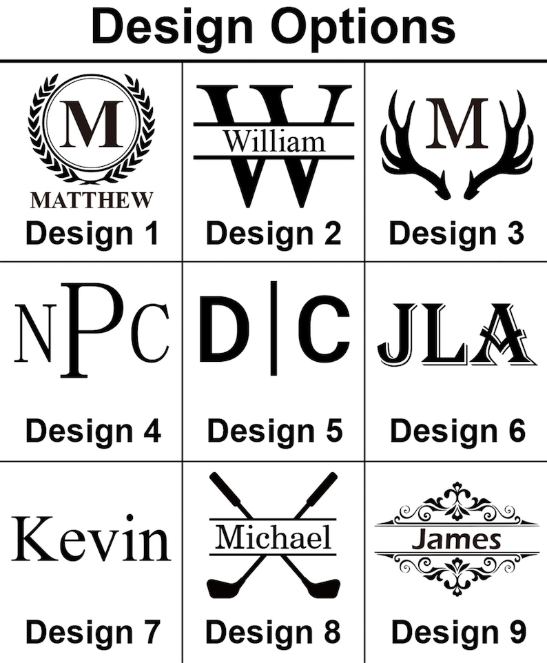 Op de afbeelding: Negen verschillende ontwerpmogelijkheden voor een gepersonaliseerd monogram. Ontwerpen omvatten een krans, geweien, een golfclub en een schrijfletter. De tekst "Design 1" tot "Design 9" wordt onder elk ontwerp weergegeven.