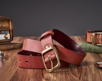 Antique Brass Buckle Belt - Leather Belt -Groomsmen Wedding Gift - Leather Snap Belt - Personalized Leather Belt - Birthday Gift For Men
