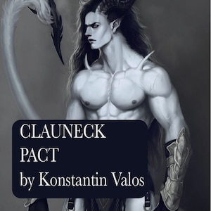 Puede incluir: Una ilustración en blanco y negro de una figura musculosa con cuernos y cabello largo. La figura lleva un arnés de cuero y guantes de metal. El texto "CLAUNECK PACT by Konstantin Valos" es visible en la imagen.