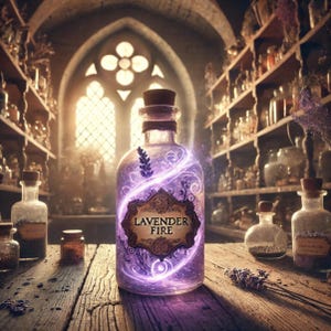 May include: A glass bottle with a cork, labelled "Lavender Fire", glows with purple light. The bottle is on a wooden table, surrounded by other bottles and jars, suggesting a potion or apothecary theme.