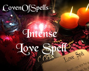 May include: A red candle with a flame burning in the center, surrounded by other candles and a crystal ball. The text "Covenant Of Spells Intense Love Spell" is written in white cursive letters on a red and black background.