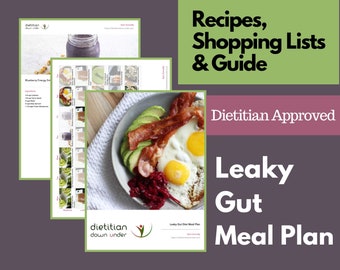May include: A digital meal plan guide for a leaky gut diet. The guide includes recipes, shopping lists, and a guide. The cover image shows a breakfast bowl with fried eggs, bacon, avocado, and beet salad. The text "Dietitian Approved Leaky Gut Meal Plan" is displayed on the cover.