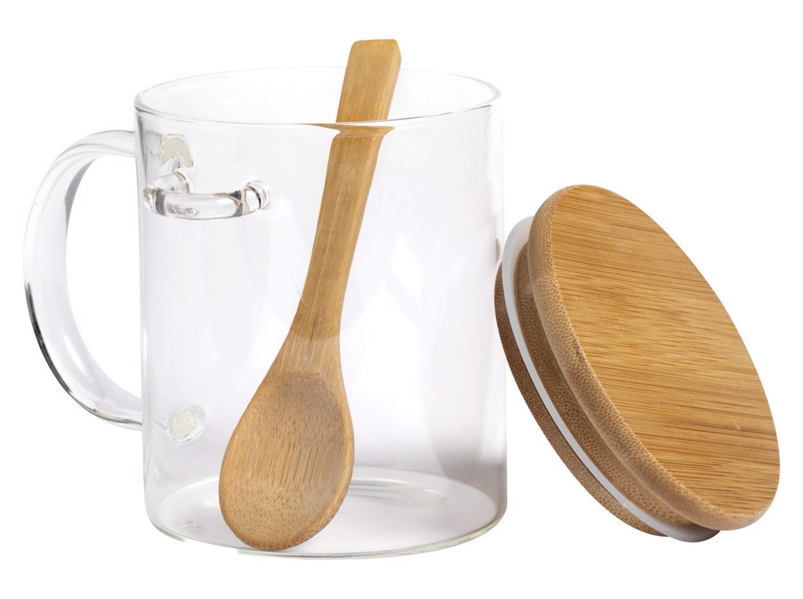 Mug Glass Mug With Spoon and Wood Lid Fine Clear Glass Cups Etsy UK