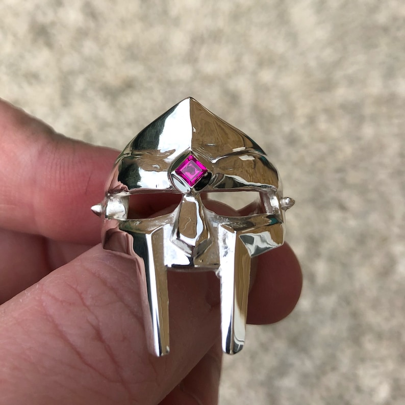 Sterling Silver MF DOOM  ring set with square ruby hiphop rap rip 