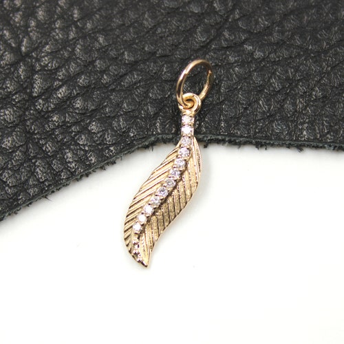 14k solid gold Feather with pave' diamonds shops / Diamond Feather Charm / Valentine's Gift for her