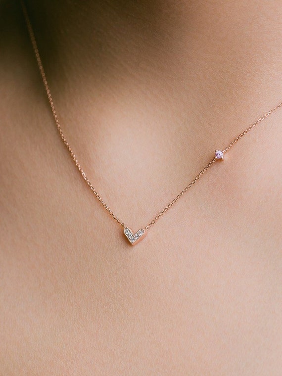 Diamond Heart Necklace 14 K Solid Gold With Collar Bone Solitaire