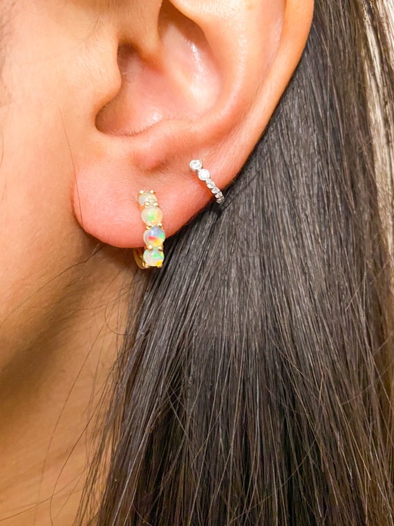 14 K Solid Gold 4 Opal Huggie Stacked Opal Hoop Earring