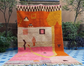 tapis orange berbère amazigh vibrant | tapis en laine boujaad marocain fait à la main avec un design berbère authentique.