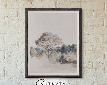 Muted Landscape Painting, Moody Vintage Art Print, Neutral Wall Art, PRINTABLE Country Landscape Farmhouse Décor, Digital Download