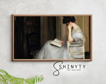 Retrato vintage de mujer leyendo, cuadro, arte de TV enmarcado, decoración de granja victoriana melancólica, descarga DIGITAL de arte de TV