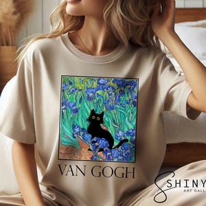 Van Gogh Irises Cat T-Shirt - Floral Black Cat Tee, Vincent Van Gogh Shirt, Funny Art T-Shirt, Cat Lover Gift, Women’s Artistic Tee