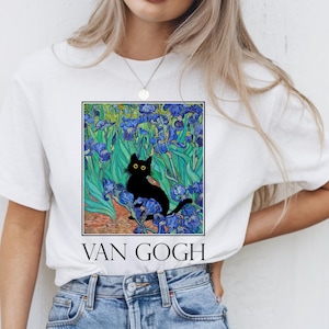 Van Gogh Irises Cat T-Shirt – Cute Black Cat Art Tee, Floral Vincent Van Gogh Design, Gift for Cat Lovers, Women’s Artistic T-Shirt