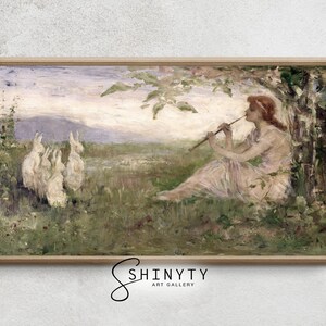 Vintage Painting Girl with Rabbits Nursery Wall Art Frame TV Art, Spring Meadow Landscape, Antique Bunny Nursery Decor, DIGITAL Art