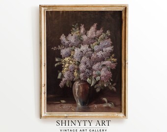 Moody Floral Art Print, Vintage Lilac Painting, Antique Flowers in Vase Still Life, Rustic Spring Decor, Dark Wall Art, PRINTABLE Digital