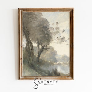 Muted River Landscape Print, Vintage Riverside Painting, Country Rustic Farmhouse Wall Decor, Moody Neutral Wall Art, Digital Download