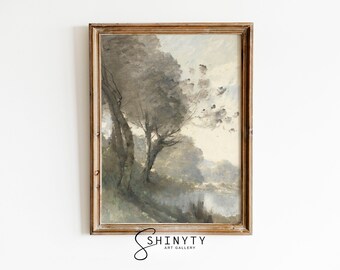 Vintage River Landscape Painting, Muted Riverside Wall Art Print, Rustic Farmhouse Wall Decor, Digital Printable Art