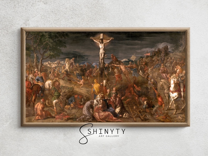 Puede incluir: Una pintura que representa la crucifixi&oacute;n de Jesucristo. La escena se desarrolla bajo un cielo oscuro y tormentoso y presenta una gran multitud de personas reunidas alrededor de la cruz. La figura central de Jes&uacute;s se representa en un estado de sufrimiento, con su cuerpo contorsionado por el dolor. La pintura es una representaci&oacute;n poderosa y conmovedora de un momento crucial de la historia cristiana.