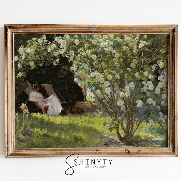 Cottage Rose Garden Print, Spring Country Landscape with Reading Woman, Vintage Oil Painting, Rustic Farmhouse Décor, PRINTABLE Wall Art