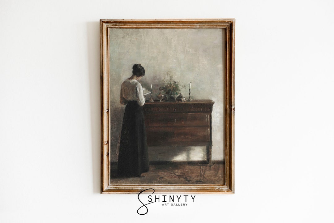 Vintage Portrait Painting, Moody Woman Reading Art Print, European ...