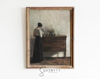 Vintage Portrait Painting, Moody Woman Reading Art Print, European Victorian Wall Art, Bedroom Wall Decor, PRINTABLE | Digital Download