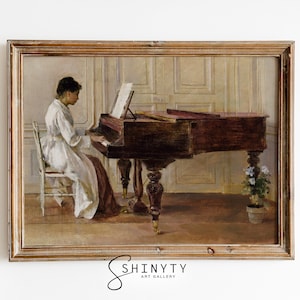 Druckbare Vintage Porträt Frau, die Klavier spielt, Antike französische Malerei, Vintage Klavier Kunstdruck, Wohnzimmer Wanddekor, digitaler Download