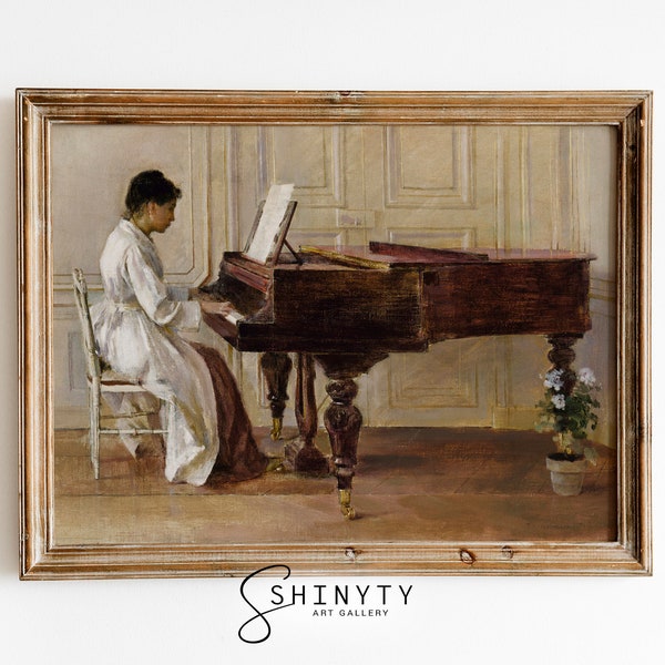 Vintage Portrait Woman Playing Piano, PRINTABLE Antique French Painting, Vintage Piano Art Print, Living Room Wall Decor, Digital Download