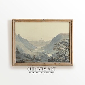 Muted Mountain Landscape Painting, Vintage Neutral Wall Art, Moody Art Print, Country Rustic Farmhouse Décor, PRINTABLE Digital Art