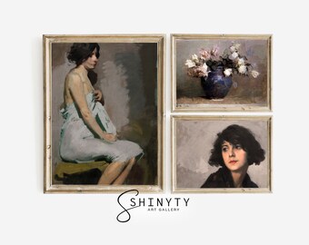 Vintage Gallery Wall SET | Bathroom Wall Decor, Moody Portrait Art Print Set of 3 Antique European Muted Paintings | DIGITAL PRINTABLE