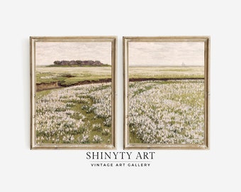 Spring Meadow Painting SET of 2 Prints, Vintage Country Landscape Split Panel Prints, Cottage Wildflowers Farmhouse Wall Decor, PRINTABLE