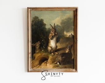 peinture vintage lapin, impression de lapins printaniers, art animalier antique, impression d'art de Pâques, art mural pour chambre d'enfant, décoration de ferme rustique, art imprimable