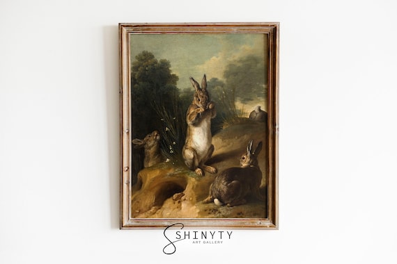Vintage Rabbit Painting, Spring Bunnies Print, Antique Animal Art, Easter Art Print, Nursery Wall Art, Rustic Farmhouse Décor, Printable Art
