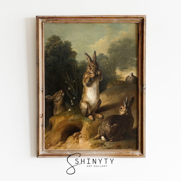 Vintage Rabbit Painting, Spring Bunnies Print, Antique Animal Art, Easter Art Print, Nursery Wall Art, Rustic Farmhouse Décor, Printable Art