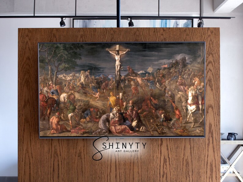 Puede incluir: Una pintura que representa una escena de la Biblia, mostrando a Jesucristo en la cruz rodeado de una multitud de personas. La pintura est&aacute; ambientada en un cielo oscuro con nubes y una ciudad distante en el fondo.