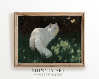 Vintage Cat Painting, Nursery Wall Decor, White Cat Print, Girls Room Wall Art, Rustic Farmhouse Décor, PRINTABLE Digital Download