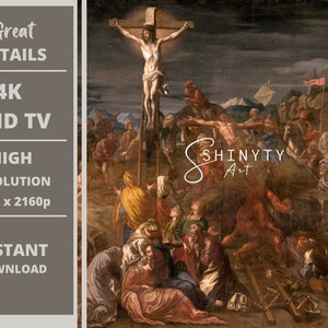 Puede incluir: Una pintura que representa una escena de la crucifixi&oacute;n de Jesucristo. La pintura est&aacute; en una paleta de colores oscuros y apagados y presenta una gran multitud de personas reunidas alrededor de la cruz. La figura central de Jes&uacute;s est&aacute; representada en un estilo realista, con su cuerpo contorsionado por el dolor. La pintura es una representaci&oacute;n poderosa y conmovedora de un momento crucial de la historia cristiana.