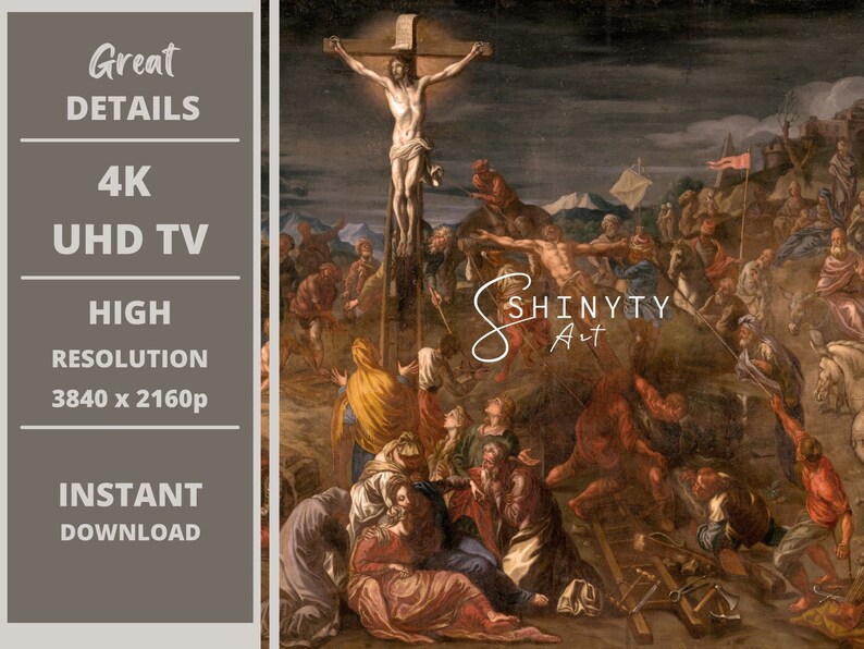 Puede incluir: Una pintura que representa una escena de la crucifixi&oacute;n de Jesucristo. La pintura est&aacute; en una paleta de colores oscuros y apagados y presenta una gran multitud de personas reunidas alrededor de la cruz. La figura central de Jes&uacute;s est&aacute; representada en un estilo realista, con su cuerpo contorsionado por el dolor. La pintura es una representaci&oacute;n poderosa y conmovedora de un momento crucial de la historia cristiana.