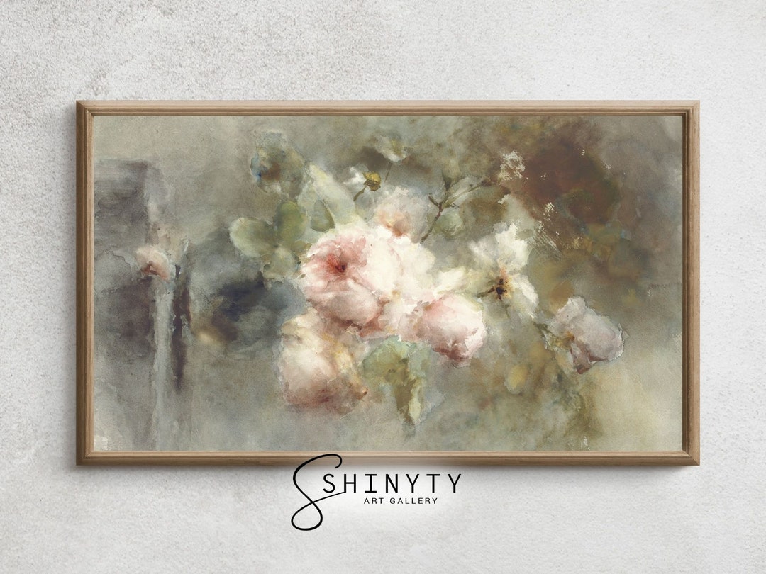 Moody Soft Pink Roses Painting | Frame TV Art | Vintage Flower Still ...
