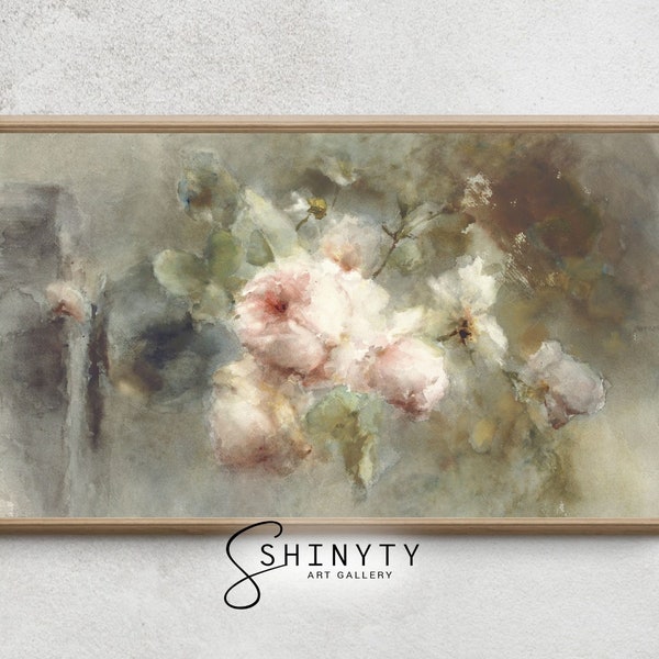 Samsung Frame TV Art | Moody Soft Pink Roses Painting, Vintage Flower Still Life, Antique Art TV Frame, Farmhouse Decor, DIGITAL Download