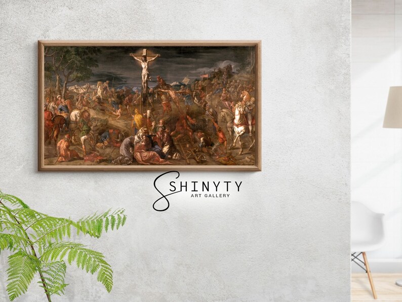 Puede incluir: Una pintura que representa una escena de la crucifixi&oacute;n de Jesucristo. La pintura est&aacute; ambientada en un cielo oscuro y tormentoso y presenta una gran multitud de personas reunidas alrededor de la cruz. La pintura est&aacute; enmarcada en un marco de madera.