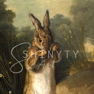 May include: A painting of a brown rabbit with white fur on its belly, standing on its hind legs and holding a piece of food in its paws. The rabbit is in a grassy field with a blurry background.