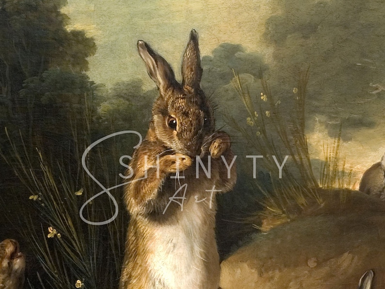 May include: A painting of a brown rabbit with white fur on its belly, standing on its hind legs and holding a piece of food in its paws. The rabbit is in a grassy field with a blurry background.