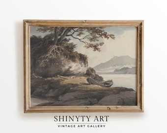 Antique Fishing Boat Art Print, Vintage River Landscape Painting, Muted Country Farmhouse Décor Neutral Wall Art | PRINTABLE Digital