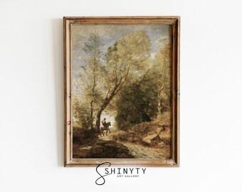 Vintage Horseman Fall Art Print, Muted Forest Landscape Painting, Country Cottage Wall Art, Rustic Farmhouse Décor, PRINTABLE Download
