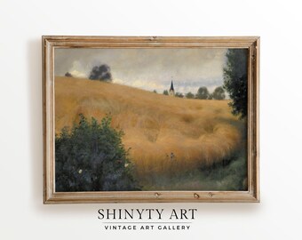 Vintage Hay Field Print, Moody Landscape Painting, Country Farmhouse Summer Print, Muted Rustic Décor, PRINTABLE Wall Art Digital Download