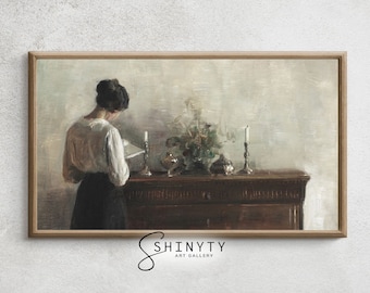 Retrato de mujer victoriana leyendo / Arte de TV enmarcado / Pintura vintage melancólica, arte de TV con decoración estética oscura, descarga DIGITAL