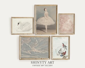 Vintage Nursery Gallery Wall Art Set of 5 Prints | Girls Room Decor Soft Pink & Pastel Blue Tones | PRINTABLE Art Paintings