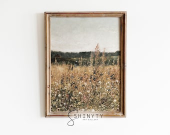 Dipinto di un campo di fiori selvatici / Stampa di un paesaggio rurale vintage / Decorazione murale estiva in stile rustico / Download digitale stampabile