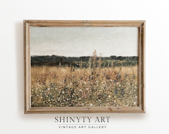 Vintage Wildflower Field Print, Country Meadow Landscape Painting, Farmhouse Wall Art, Summer Flowers Field PRINTABLE Oil Painting Digital