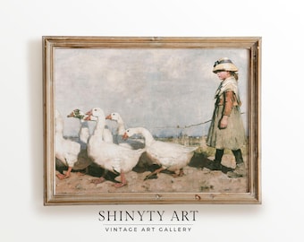 Vintage Nursery Print, Girls Room Geese Painting, Antique Goose Girl Animal Wall Art, Country Farmhouse Décor, PRINTABLE Wall Art, Digital